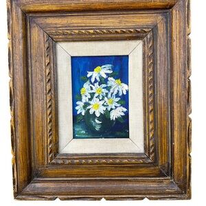 Vintage Oil Painting Blue Daisy Floral in Ornate Wood Frame 13 1/2 X 15 1/2”